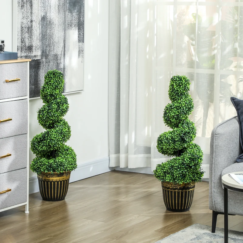 HOMCOM Spiraalvormige Buxus, Set van 2 Kunstplanten, met Pot, 90 cm Hoog, Groen