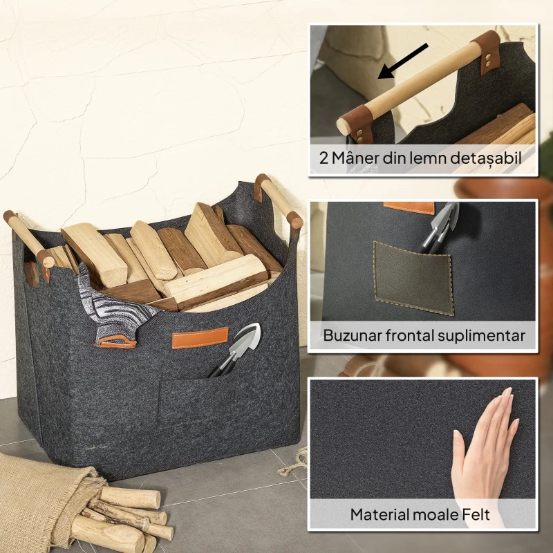 Outsunny Geantă din Fetru pentru Lemne de Foc cu Mânere din Lemn, Capacitate 15 kg, 45x32x40 cm, Gri