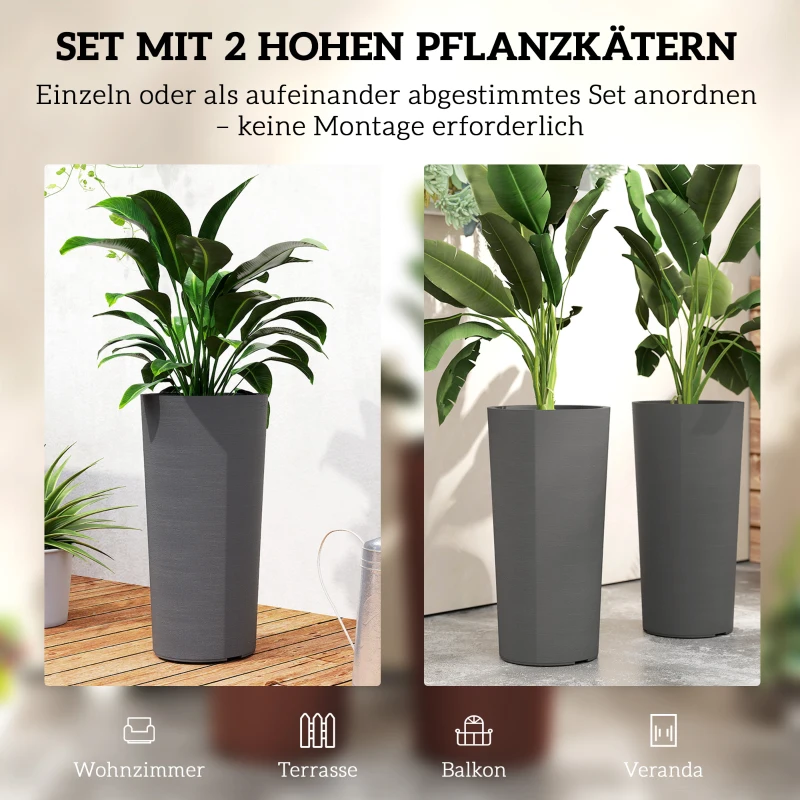 Outsunny Set van 2 stapelbare bloempotten met afvoergaten 35x35 cm, rond, donkergrijs