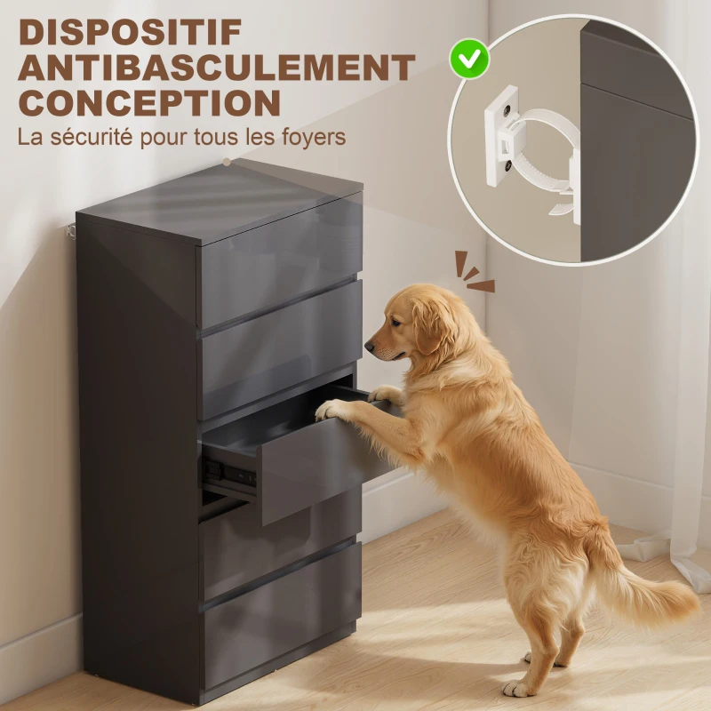 HOMCOM Commode 5 tiroirs, meuble de rangement à haute brillance, fermeture douce et silencieuse, 53 x 34 x 100 cm, gris