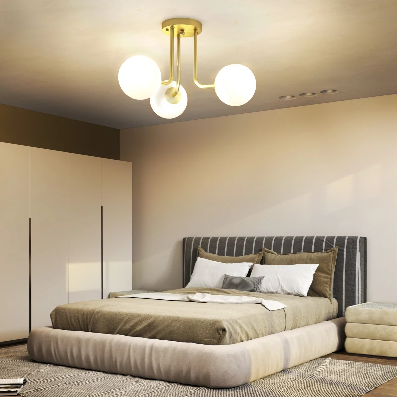HOMCOM Plafonnier LED 25W, luminaire plafonnier 3 lumières avec douilles G9, abat-jour globe, 42 x 42 x 26,5 cm, doré
