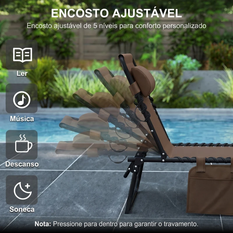 Outsunny Espreguiçadeira Dobrável de Jardim com Encosto Ajustável Apoio para Cabeça Acolchoado Bolso Lateral 185x58x30 cm Marrom