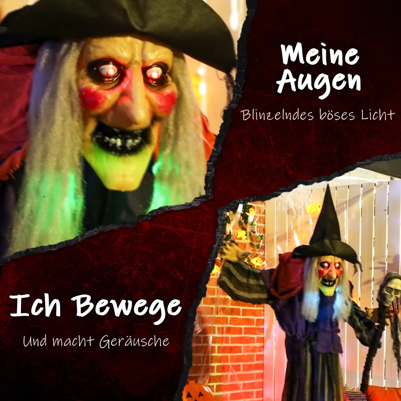 Outsunny 160 cm Halloween Decoratie Halloween Heks met LED-Lichten, Geluidfunctie Verstelbare Armen, Lichaam