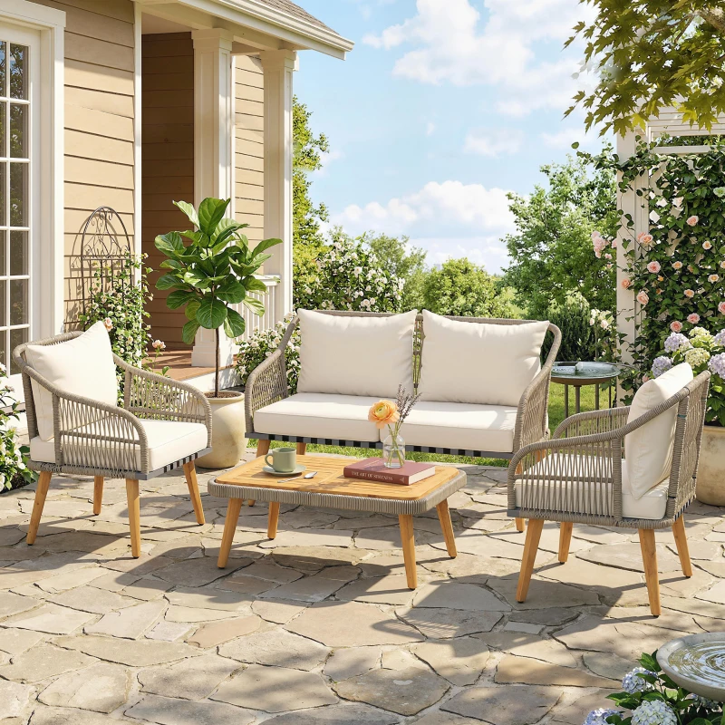 Outsunny 4 Piece Rattan Garden Furniture Set with Loveseat, Armchairs, Wood Table, Wicker Patio Conversation Set, Cream White