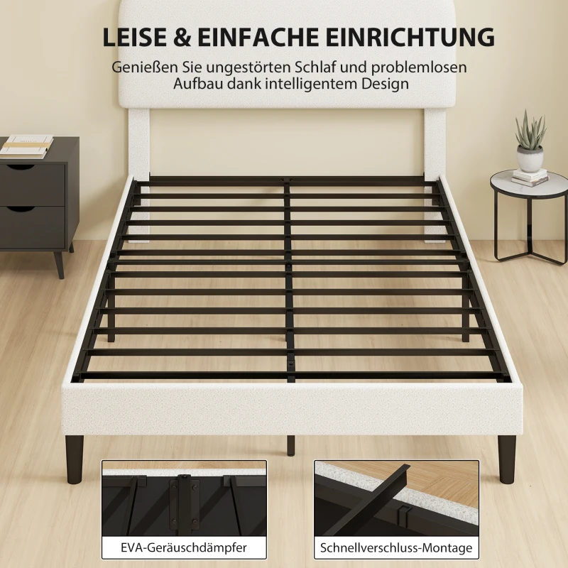 HOMCOM Eenpersoonsbedframe met teddy-fleece hoofdbord, metalen bedframe, eenvoudige montage, wit