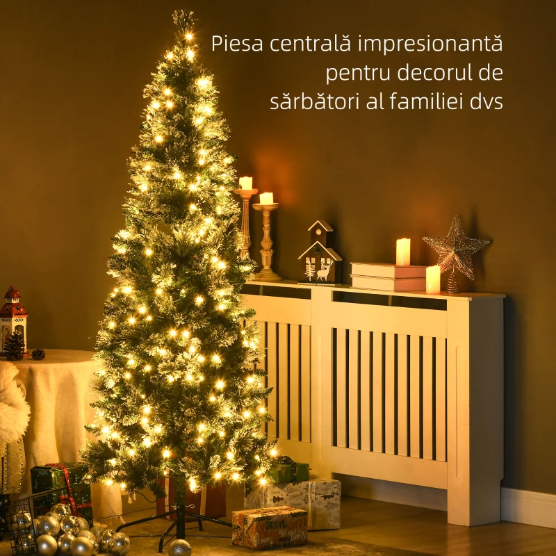 HOMCOM Brad de Craciun 180cm Artificial cu 240 Lumini LED si 618 Ramuri, Brad Acoperit cu Zapada Inalt si Ingust cu Postament din Otel