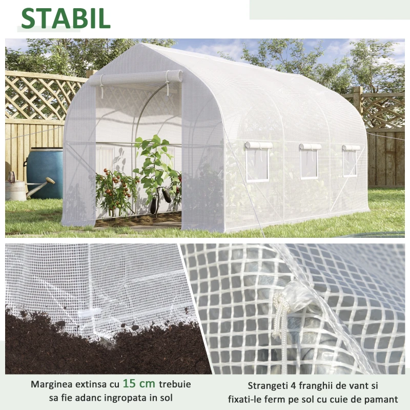 Outsunny Seră Tip Tunel Anti-UV cu 6 Ferestre cu Plasă și Intrare Rulabilă, Metal și PE, 4x2x2 m, Alb