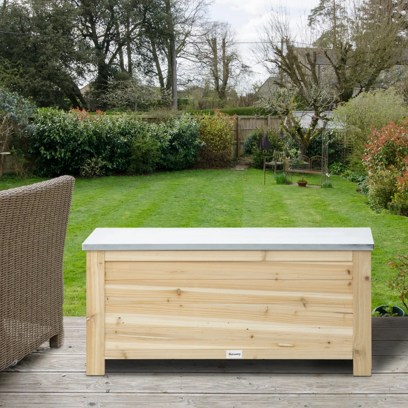 Outsunny Baule da Esterno da 155L in Legno con Coperchio in Metallo e 2 Ammortizzatori, 110x50x50 cm, color Legno