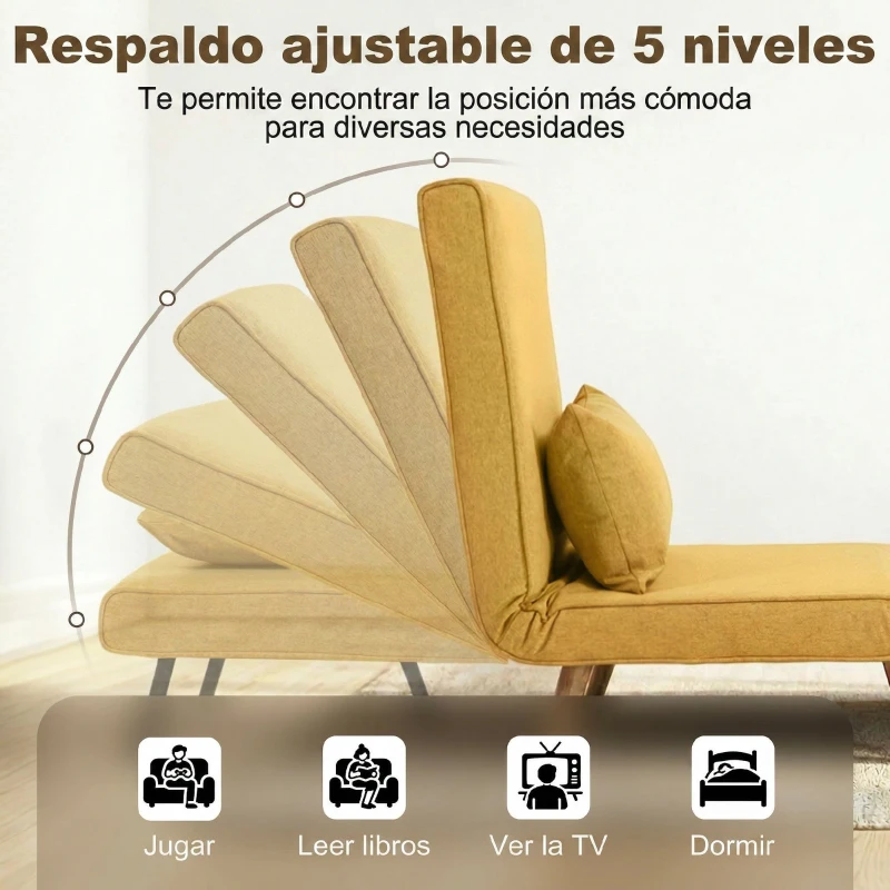 HOMCOM Sofá Cama Individual Plegable con Respaldo Ajustable 5 Posiciones Sillón Cama Tapizado con Cojín 72x75x85 cm Amarillo