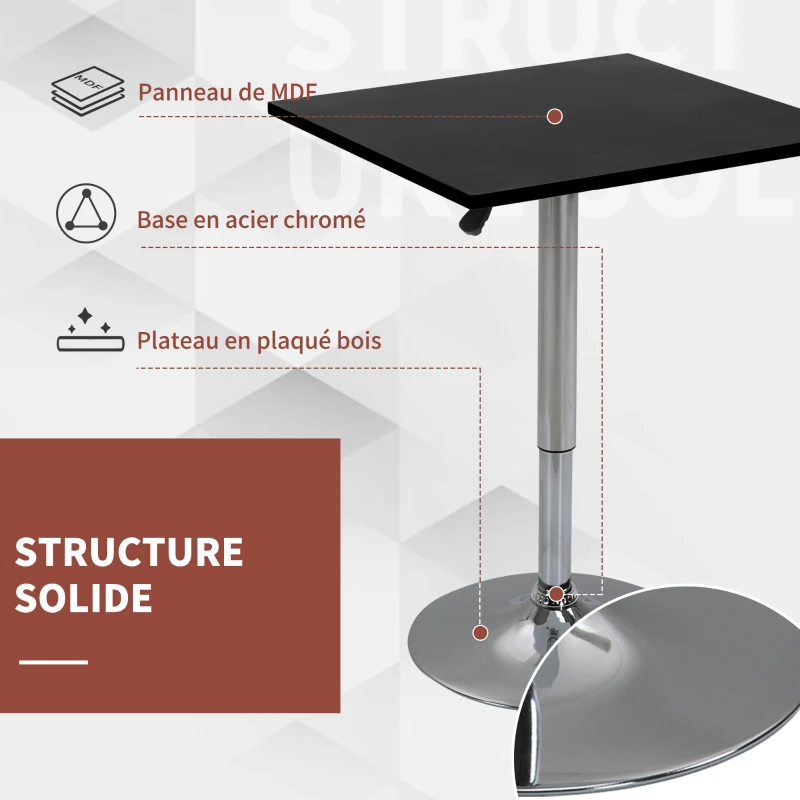 HOMCOM Table de bar table bistro chic style contemporain table carrée pivotante hauteur réglable dim. 60L x 60l x 82-103H cm métal chromé MDF noir