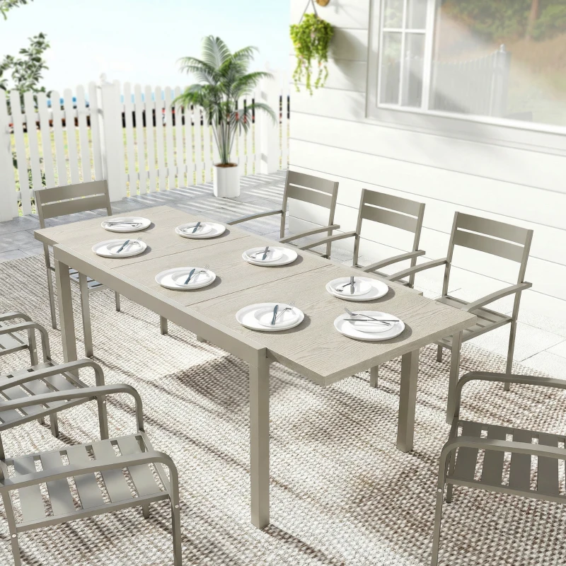 Outsunny Extending Garden Table, Aluminium Outdoor Dining Table for 8-10 with Wood-Like Grained Surface, Light Grey Wood Effect