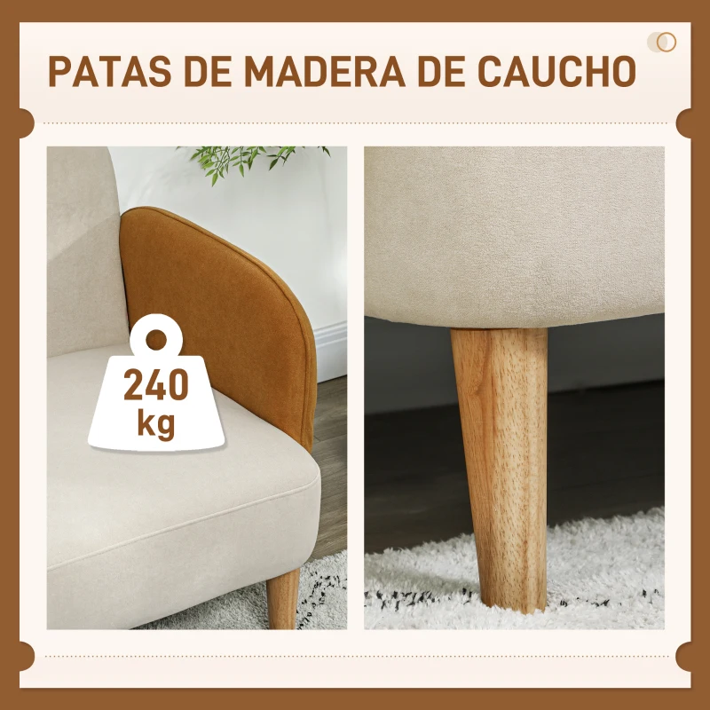 HOMCOM Sofá de 2 Plazas Tapizado en Terciopelo con Reposabrazos y Patas de Madera Sofá Pequeño Carga 240 kg 130x74x76 cm Crema