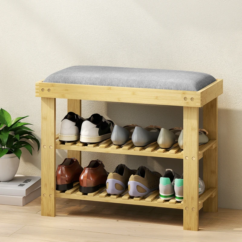 HOMCOM Schoenenbank met zitkussen, bamboe zitbank met opbergruimte, 2 open vakken, bankje 60 x 29 x 49 cm Grijs