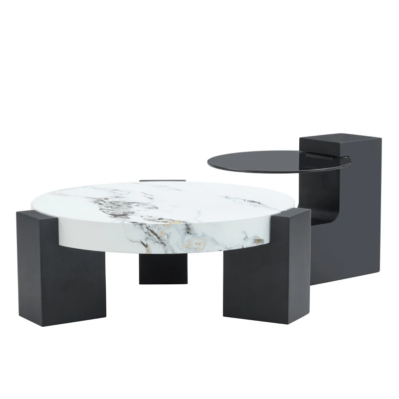 Table basse ronde moderne à 2 niveaux, design démontable et modulable, bords arrondis, 61x61x30 cm, Blanc+Noir