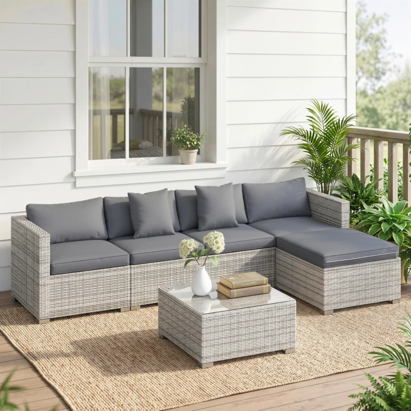 Outsunny 6 Pieces Rattan Corner Sofa Set - Mixed Grey