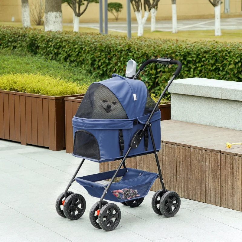 PawHut Passeggino per Cani 3 in 1 Pieghevole con Borsa Trasportino e Cestino Inferiore, Blu