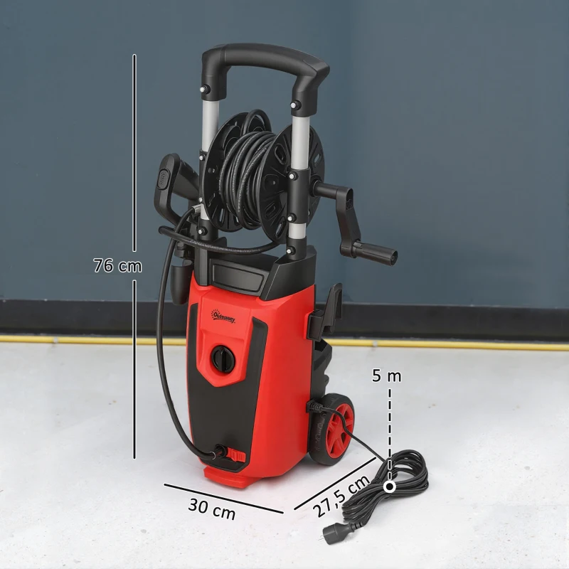 Outsunny Lavadora de Alta Pressão 1800W 150 Bar Caudal 420 L/h com Paragem Automática Mangueira de 6 m 30x27,5x76 cm Vermelho