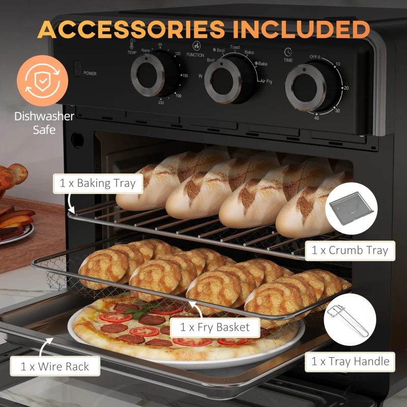 HOMCOM 20L 90-230°C Mini Convection Oven, with Air Fry Function - Black