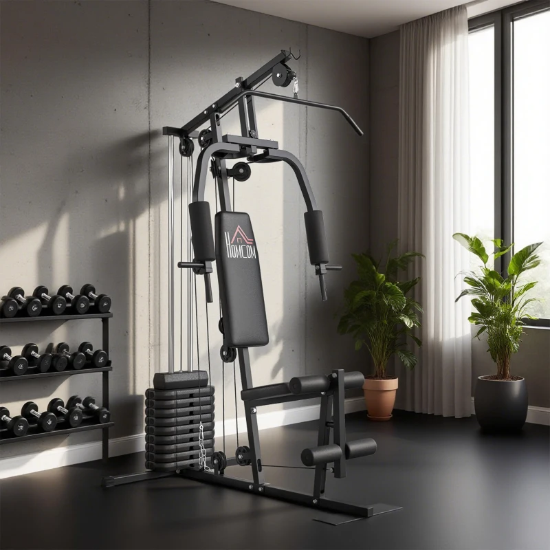 HOMCOM Máquina de Musculação com Pesos Ajustáveis de 45 kg, Press de Peito e Pernas, Polia, 135x103x200 cm, Preto
