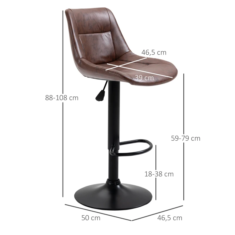 HOMCOM Set 2 Sgabelli da Bar Vintage in Finta Pelle Marrone con Poggiapiedi e Base Rotonda, 46.5x50x88-108 cm