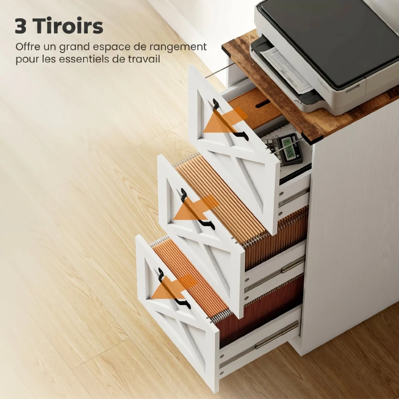 HOMCOM Caisson de Bureau avec 3 Tiroirs, Dossiers Suspendus pour Formats Lettre/A4, Style Rustique, 40x40x101cm, Blanc
