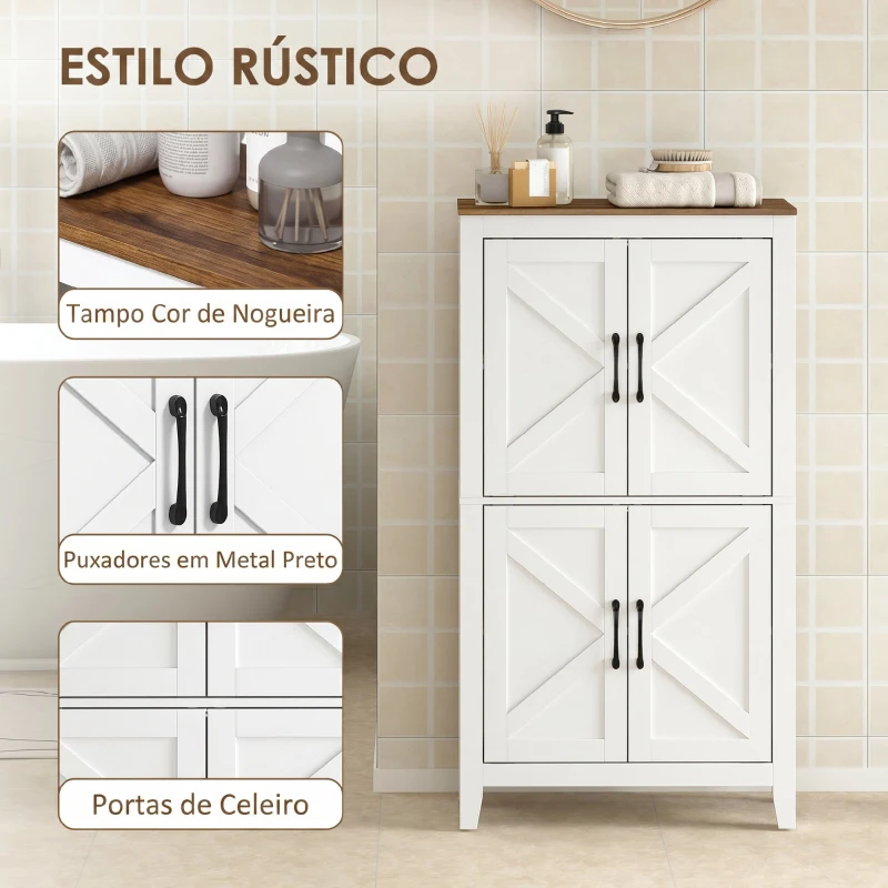 HOMCOM Armário Estreito para Casa de Banho com Portas Estilo Celeiro, 4 Prateleiras Ajustáveis, 60x30x110 cm, Branco