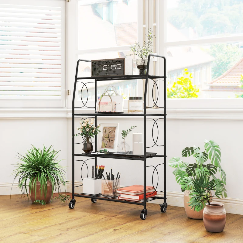 Outsunny 4-Tier Metal Plant Stand, Heavy Duty Ladder Shelf Potted Plants Display Rack with Lockable Wheels