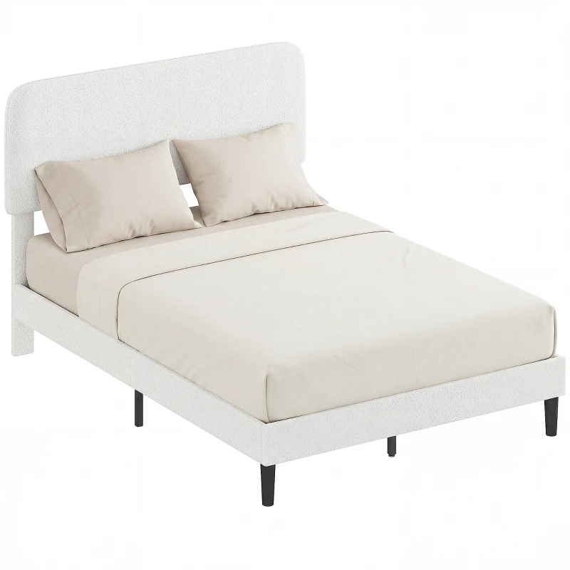 HOMCOM Eenpersoonsbedframe met teddy-fleece hoofdbord, metalen bedframe, eenvoudige montage, wit