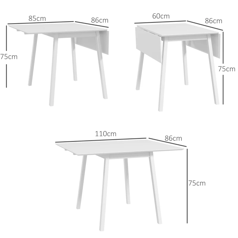 HOMCOM Eettafel Klaptafel Keukentafel, 2 neerklapbare vlakken, 110 x 86 x 75 cm, Wit(m-3)
