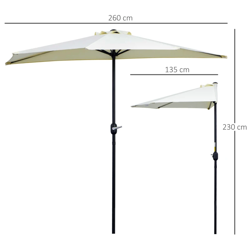 Outsunny Ombrellone da Terrazza a Mezzaluna con Apertura a Manovella e Palo a 2 Sezioni, 2.6x1.35 m, Beige