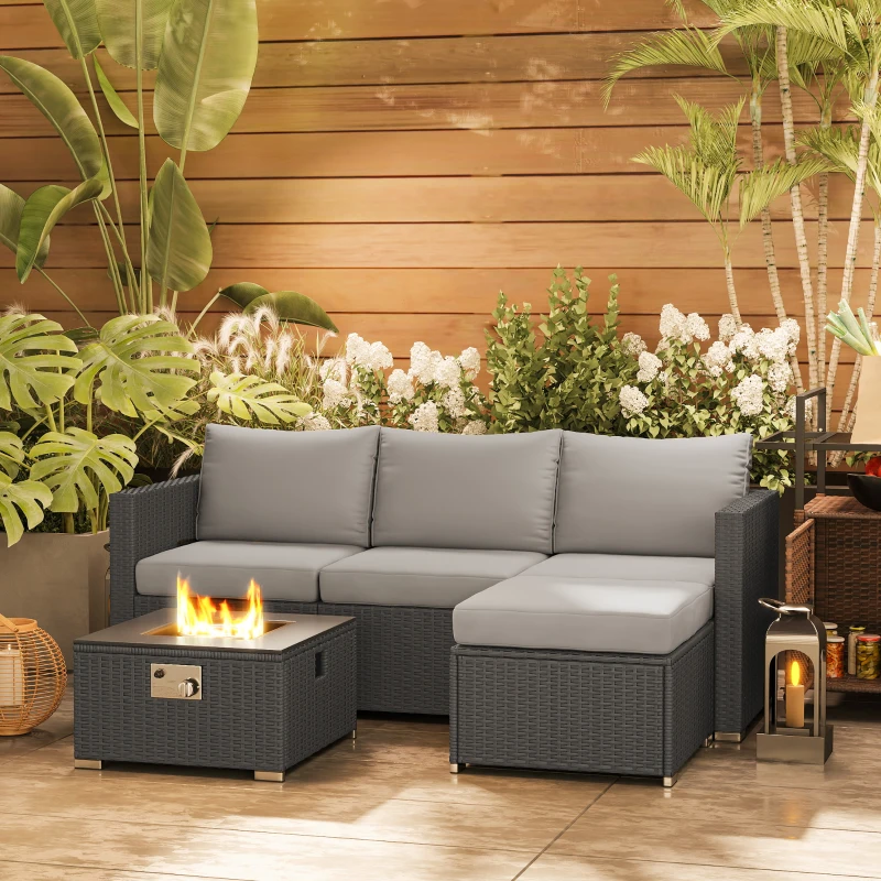 Outsunny Five Piece Rattan Garden Furniture Set with Gas Fire Pit Table and Footstool - Grey