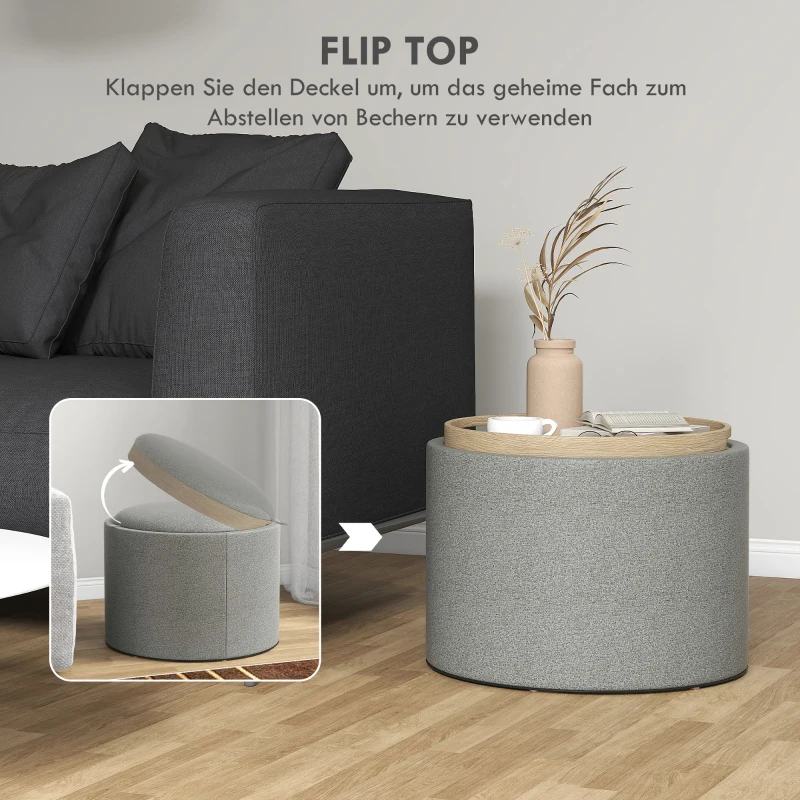 HOMCOM Ronde Opbergpoef met bekleding, linnen, verborgen opbergruimte, omkeerbare deksel, 56 cm x 56 cm x 42 cm, Grijs + Natuurlijk