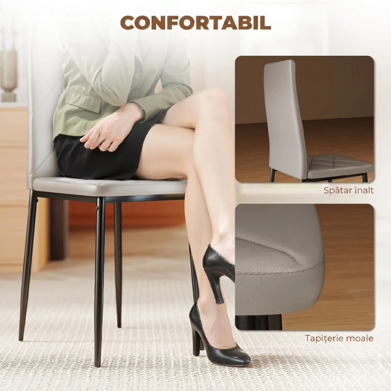 HOMCOM Set de 4 Scaune de Dining cu Spătar Înalt din Imitație de Piele și Oțel, 41x50x97cm, Gri