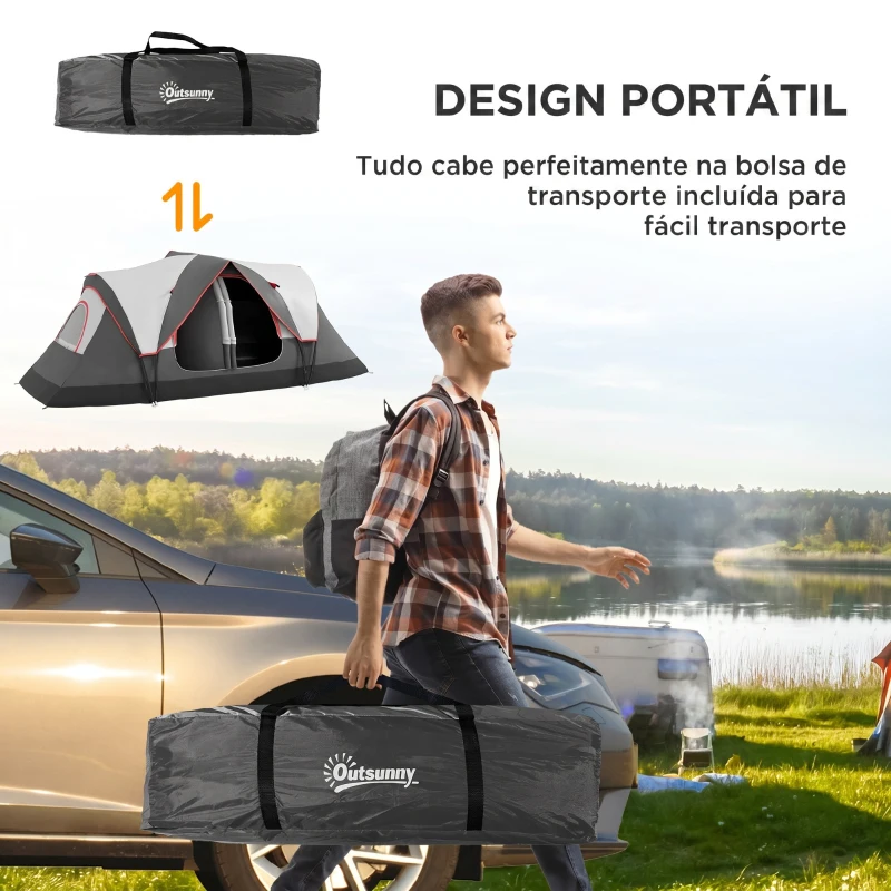 Outsunny Tenda de Campismo Familiar para 5-6 Pessoas Dobrável com 2 Quartos e Bolsa de Transporte Impermeável 450x215x180 cm Cinza