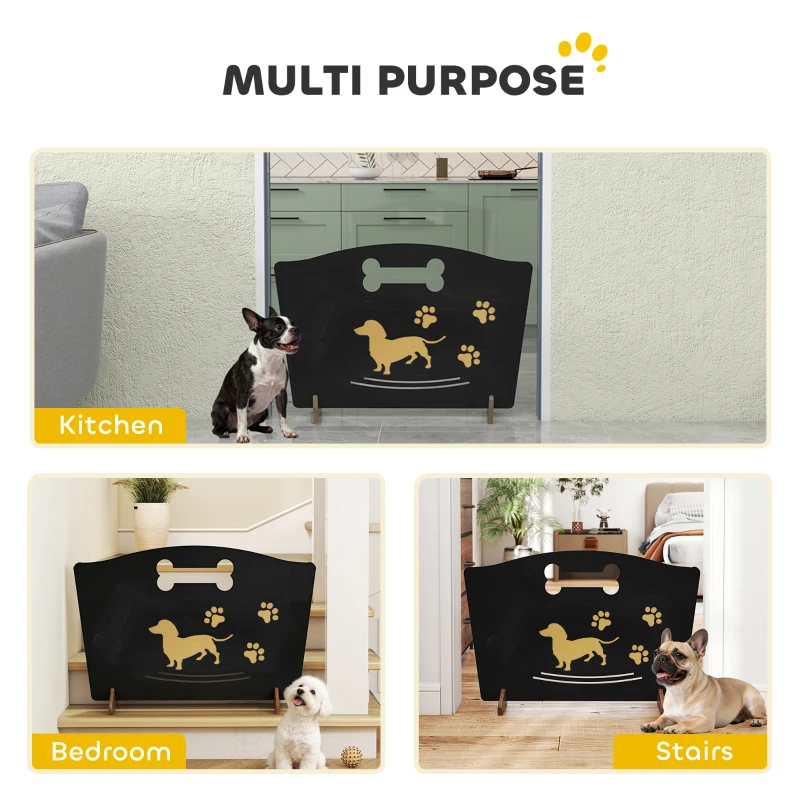 PawHut Wooden Dog Stopper, Dog Barrier with Support Feet, for Stair, Patio, Very Easy Setup, Black, 75 x 51 cm
