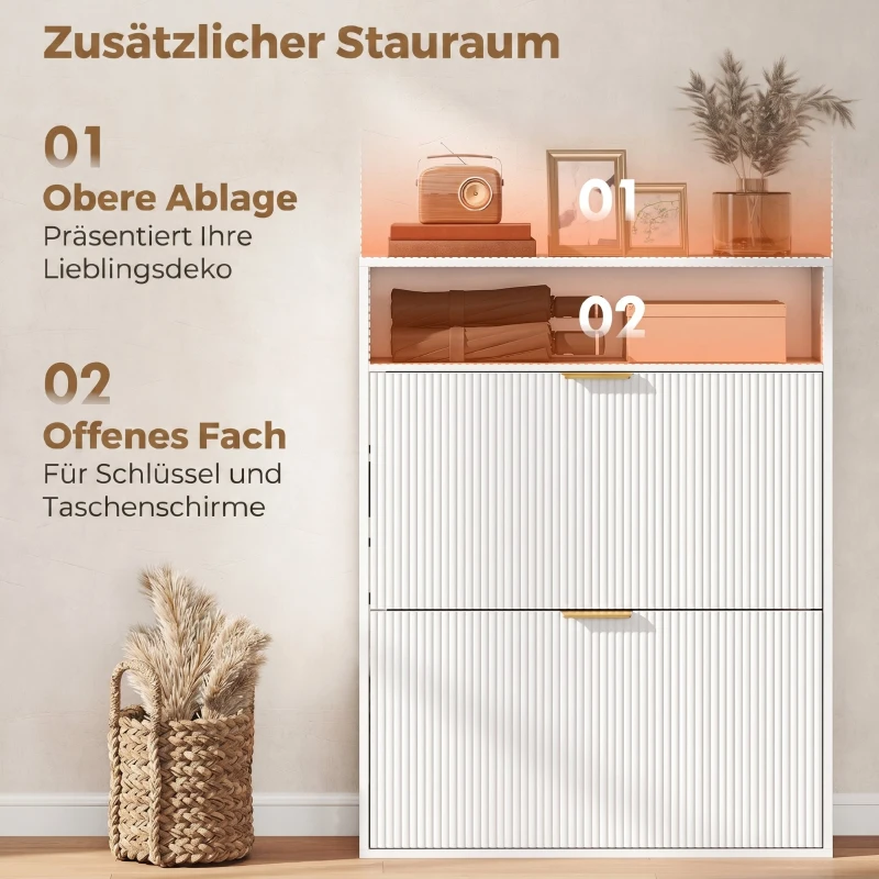 HOMCOM Smalle schoenenkast met 2 kleppen en bovenblad voor hal en gang, wit