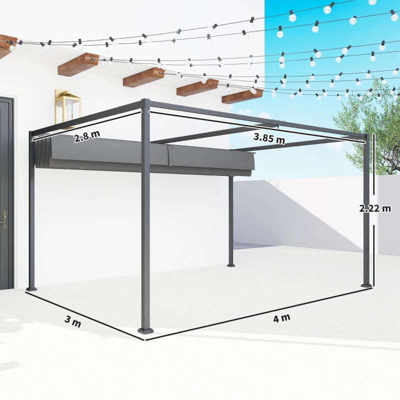 Outsunny Gazebo Pergolă 4x3 m cu Acoperiș Retractabil, Orificii de Drenaj, Picheți și Șuruburi, Pergolă de Grădină din Poliester și Metal, pentru Terasă, Verandă, Exterior, Gri Închis