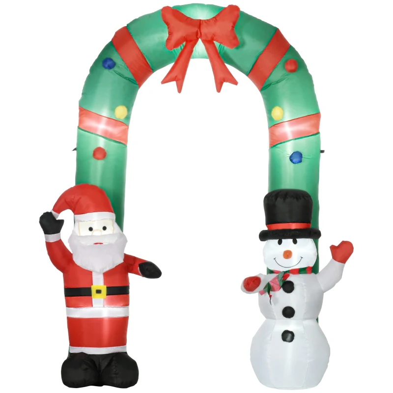 HOMCOM Opblaasbare boog met kerstman en sneeuwpop, LED-verlichting, ingebouwde ventilator, 198 x 80 x 245 cm.