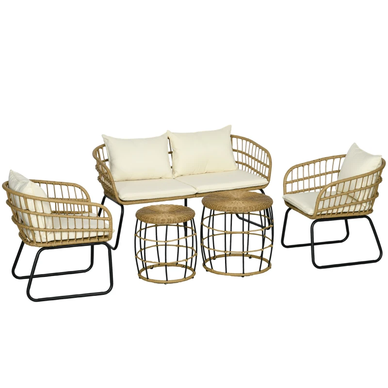 Outsunny Lounge-Set Rattan Zitgroep, Buitenmeubelset in Boho-stijl, 5-delig, 145 x 70 x 78 cm, Crème + Natuur + Zwart