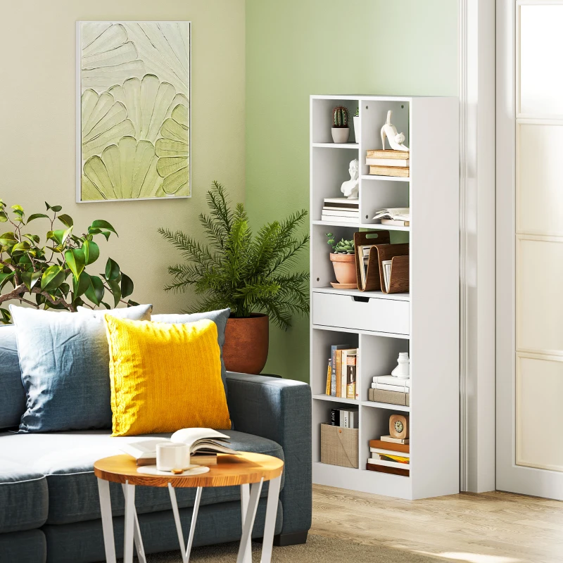 HOMCOM Boekenkast, Multifunctioneel rek, 9 vakken, Lade, Kantelbeveiliging, 60 x 26 x 158 cm, Wit(m-2)