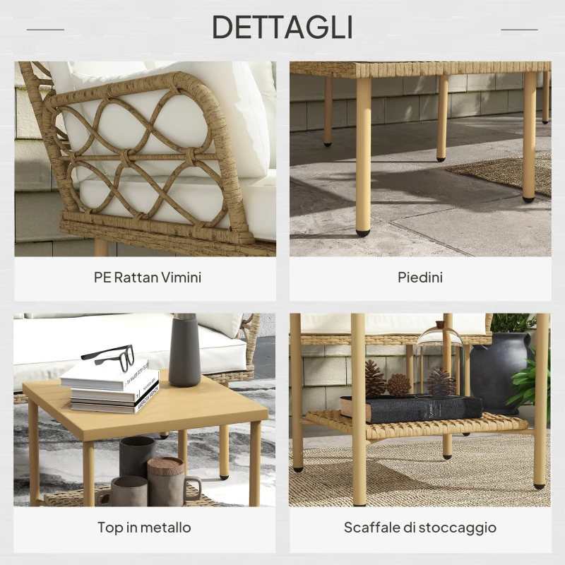 Outsunny Set da Giardino 3pz con Chaise Longue, Divanetto, Cuscini e Tavolino, in Rattan e Acciaio, Bianco Crema e Legno