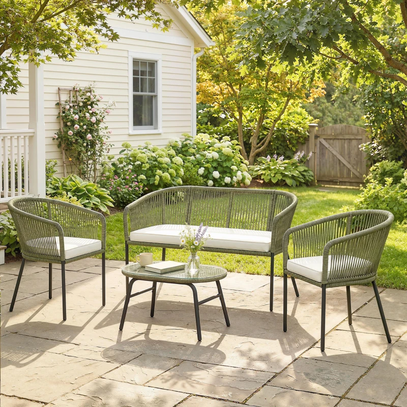 Outsunny Salon de Jardin Extérieur 4 Places Canapé 2 Places 2 Fauteuils et Table Basse Verre Trempé PP Rond Tressé Crème