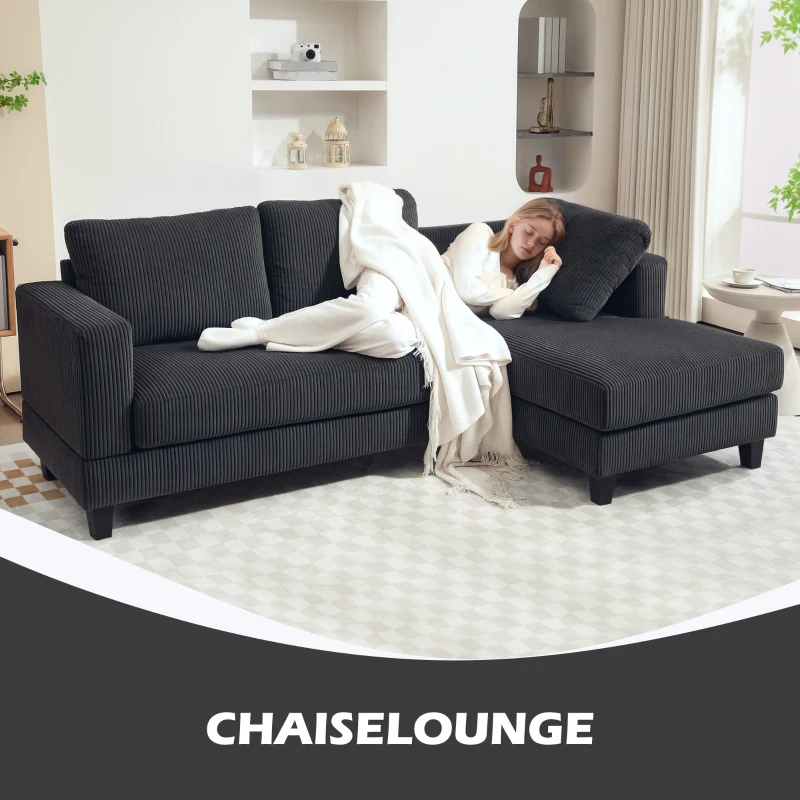 HOMCOM Hoekbank, L-vormige 3-zitsbank met Chaise Longue, Houtconstructie, 8 Poten, Corduroy Stof, Schuimstofbekleding, Grijs