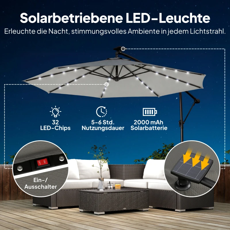 Outsunny Hangparasol LED Solar ca. Ø300 cm draaibaar parasol met slinger, voet en beschermhoes lichtgrijs