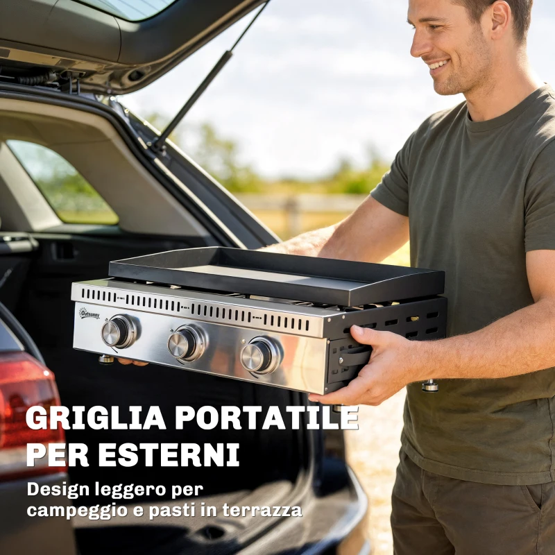 Outsunny Griglia a Gas portatile da tavolo con vaschetta raccogligrasso, colore nero.