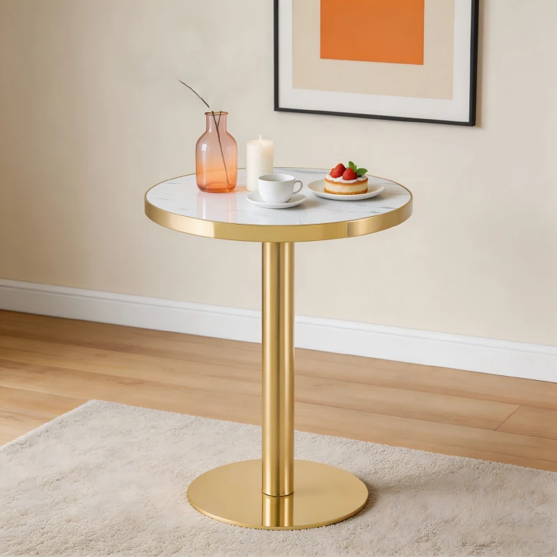 Table d'appoint ronde moderne, stabilité optimale et un gain de place, 60x60x74 cm, Blanc+Doré