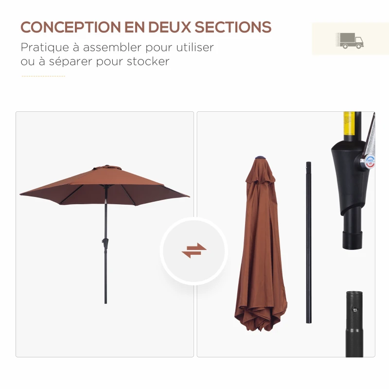 Outsunny Parasol droit parasol inclinable de jardin manivelle toile polyester haute densité 180 g/m² Ø2,6 x 2,35 m aluminium café