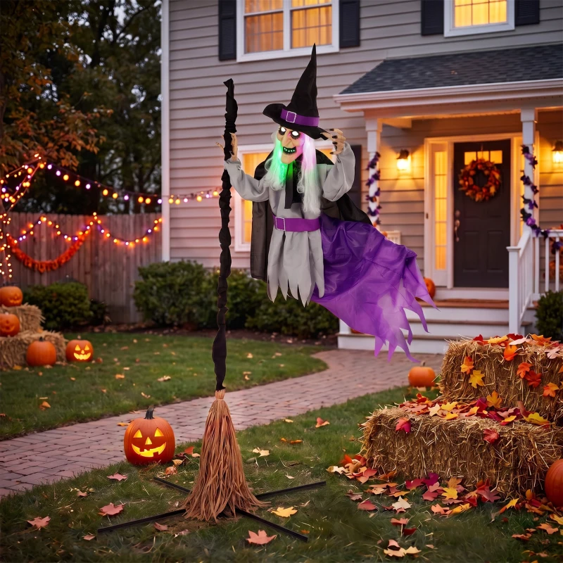 HOMCOM 200cm Life Size Animated Flying Witch Halloween Decorations Outdoor Indoor, Scary Halloween Animatronics Decor