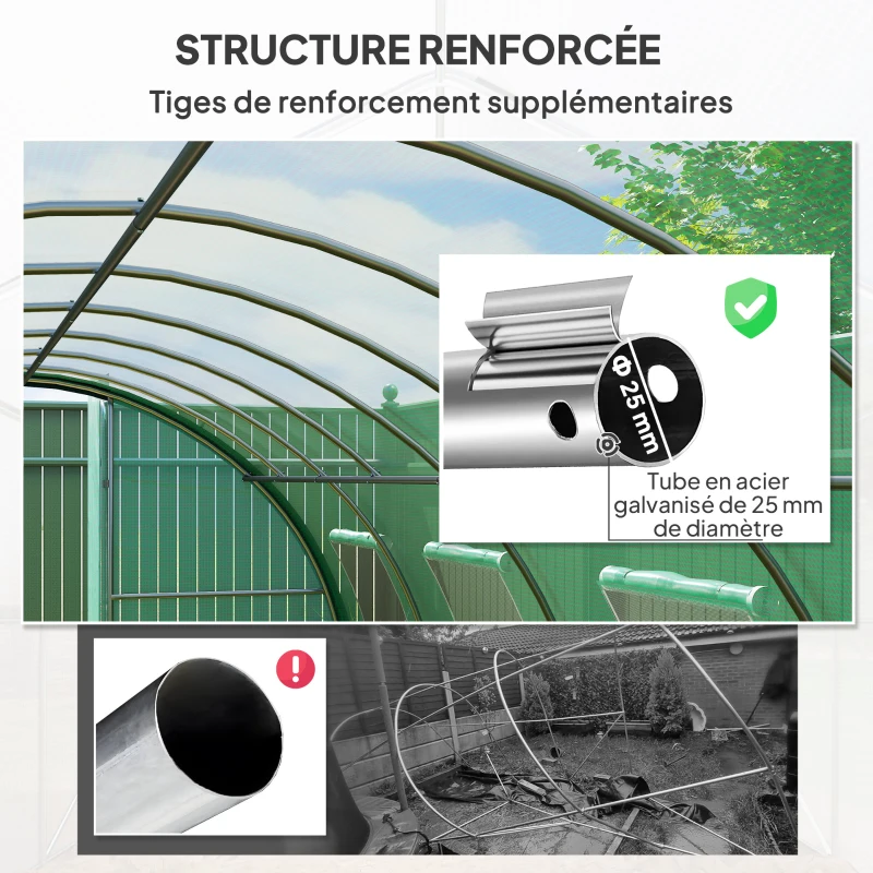 Outsunny Serre de jardin tunnel serres tunnel 18 m² 8 fenêtres 2 portes articulées toile PE structure en fer galvanisé vert