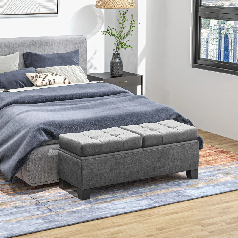 HOMCOM Bank met Opbergruimte, Gestoffeerde Bank in Linnenlook, Belastbaar tot 180kg, voor Hal, Slaapkamer, Woonkamer, 116x41x47 cm, Grijs(m-2)
